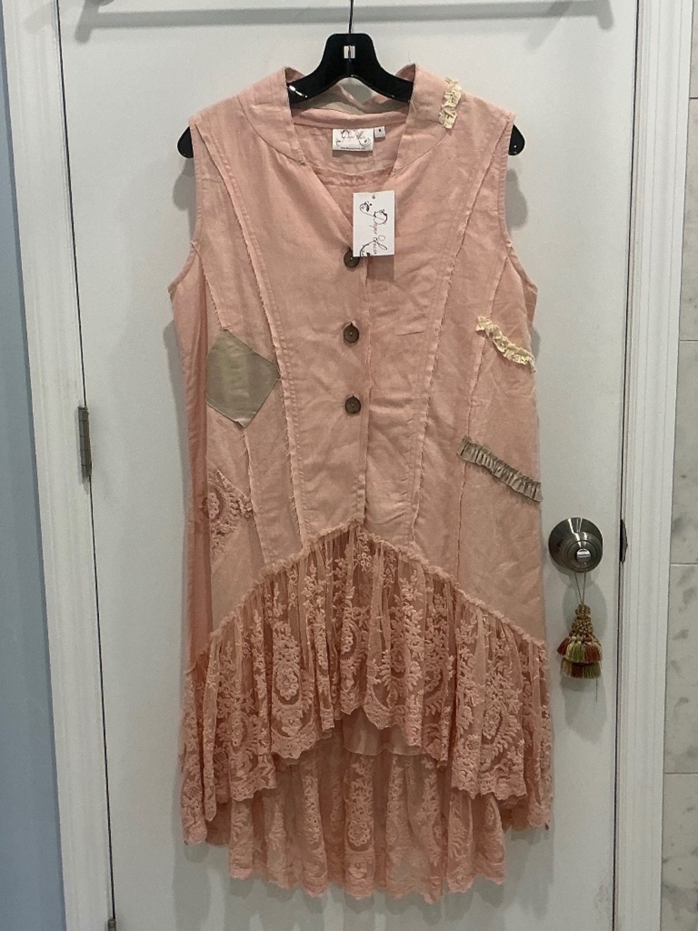 NWT Pink linen Sleeveless Bohemian Duster with Lace Details Medium